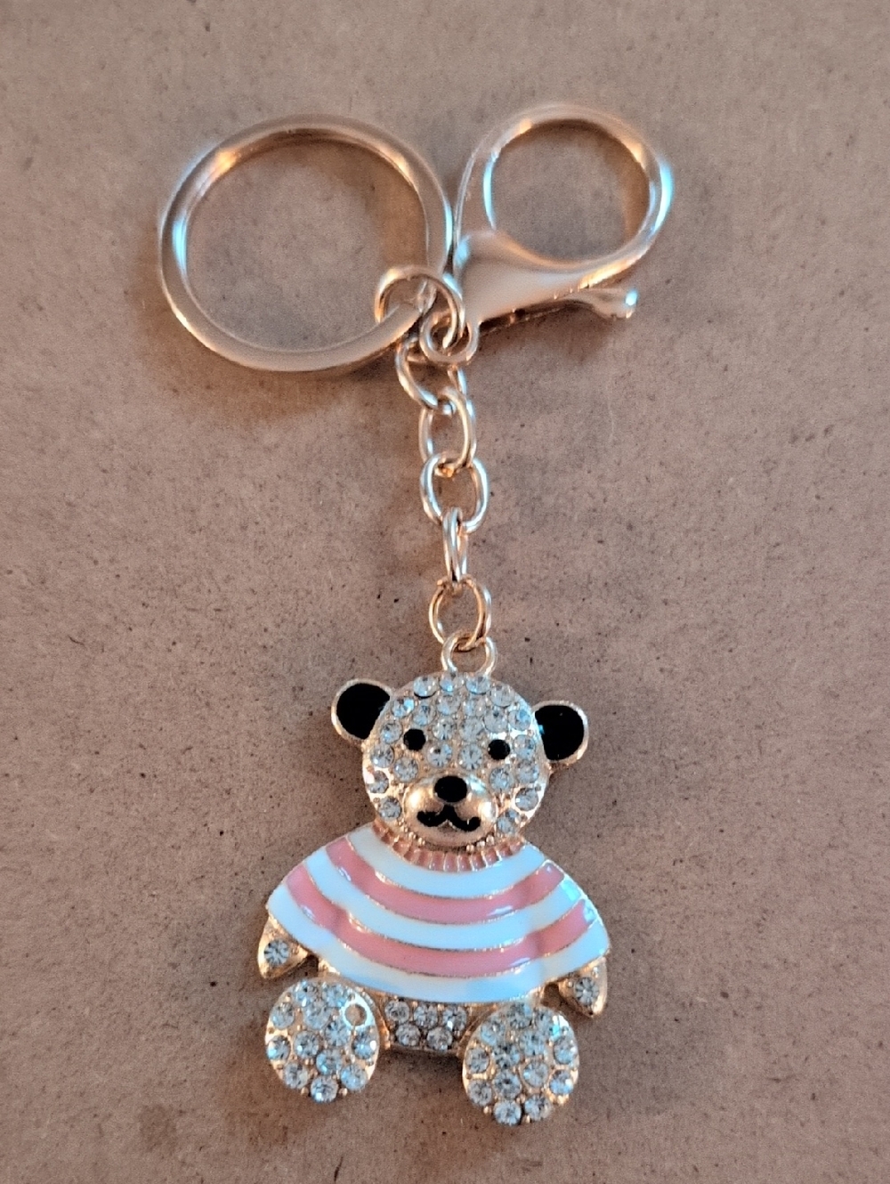 Crystal Teddy Bear Keychain - Pink Stripe